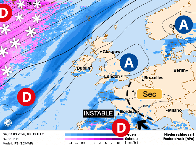 Carte de prévisions d'europe du Samedi 7 mars 2026
