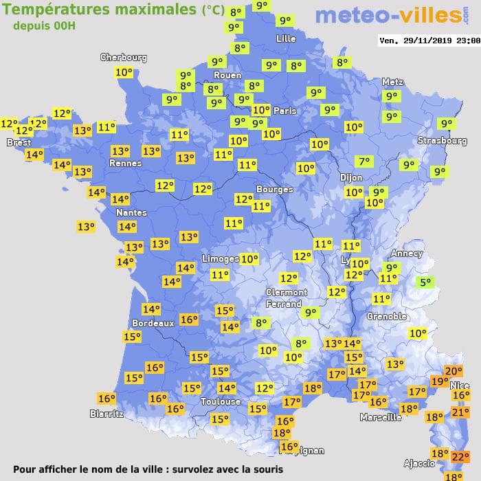 Températures maximales (°C) depuis 00h
