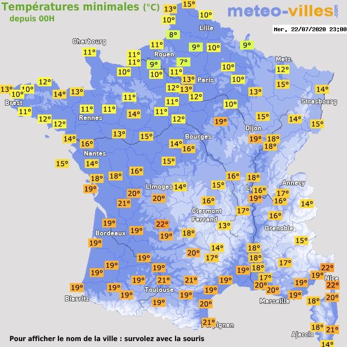 Températures minimales (°C) depuis 00h