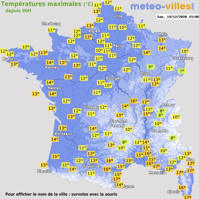 Températures maximales (°C) depuis 00h