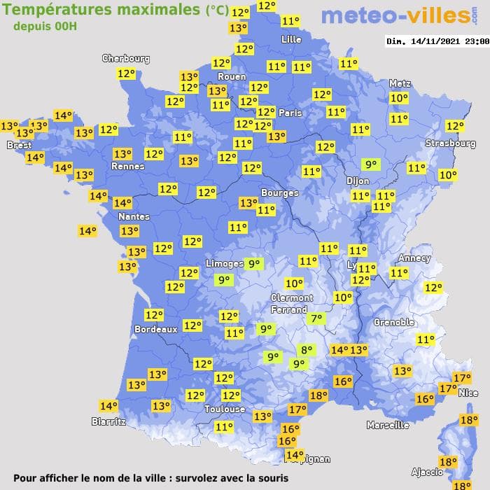 Températures maximales (°C) depuis 00h