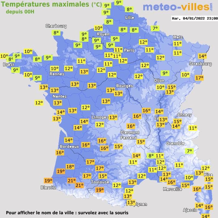 Températures maximales (°C) depuis 00h