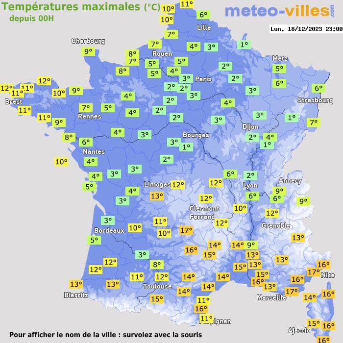 Températures maximales (°C) depuis 00h