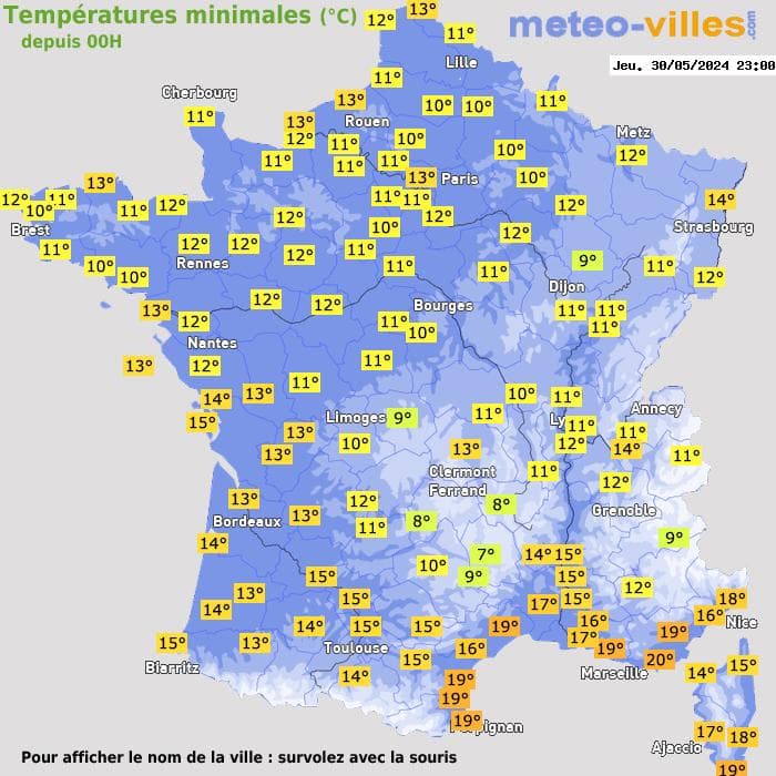 Températures minimales (°C) depuis 00h