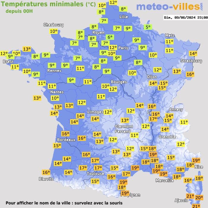 Températures minimales (°C) depuis 00h
