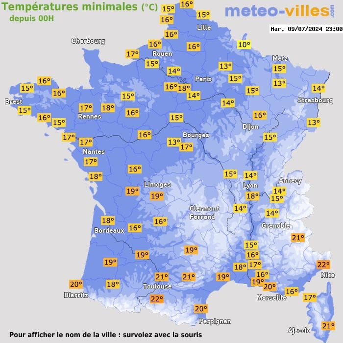 Températures minimales (°C) depuis 00h