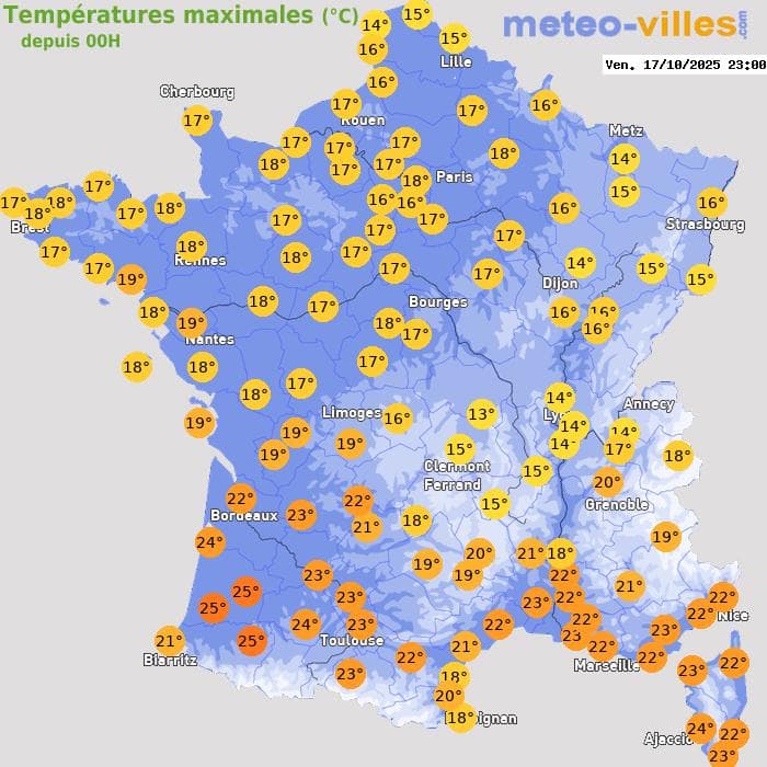 Températures maximales (°C) depuis 00h