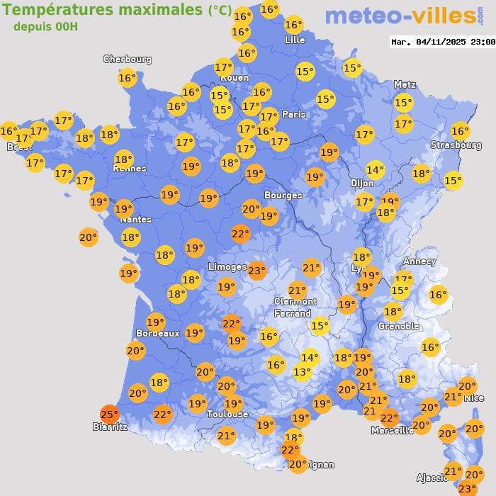 Températures maximales (°C) depuis 00h