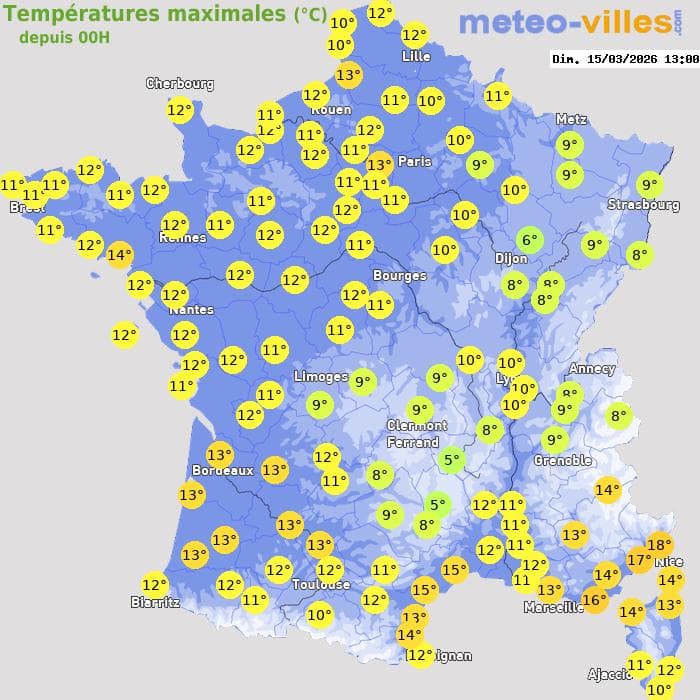 Températures maximales (°C) depuis 00h