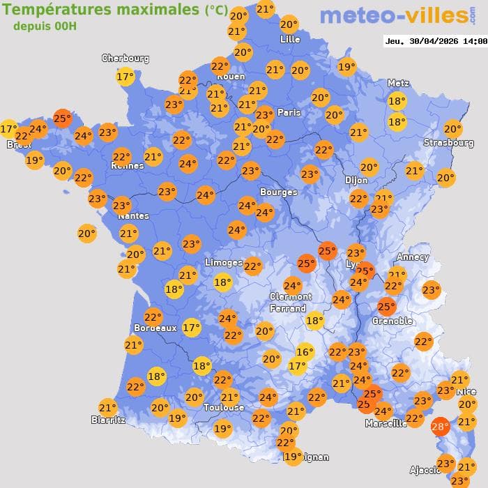 Températures maximales (°C) depuis 00h