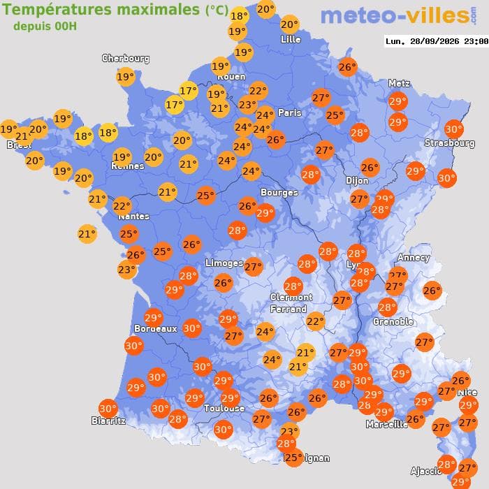 Températures maximales (°C) depuis 00h