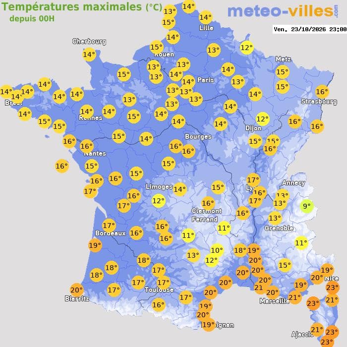 Températures maximales (°C) depuis 00h