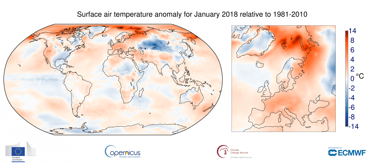 Image d'illustration pour Copernicus : Janvier 2018 au 4e rang des plus doux dans le monde