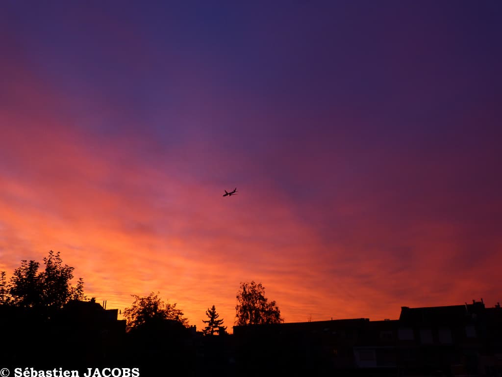 Un avion fend le ciel rouge-orange...