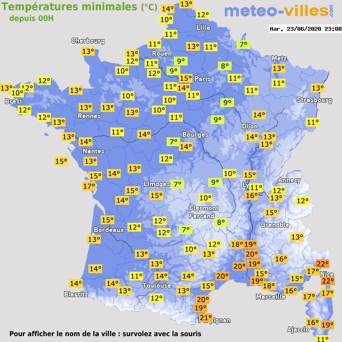 Températures minimales (°C) depuis 00h