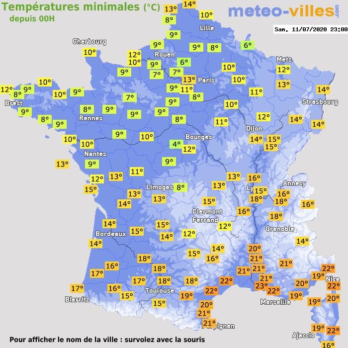 Températures minimales (°C) depuis 00h