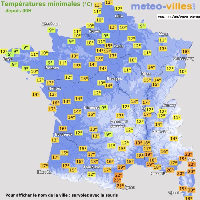 Températures minimales (°C) depuis 00h
