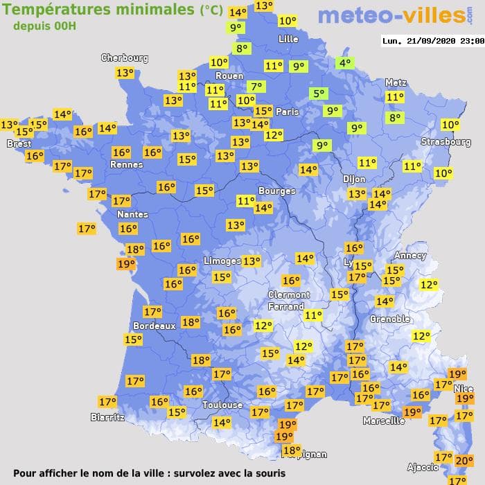 Températures minimales (°C) depuis 00h