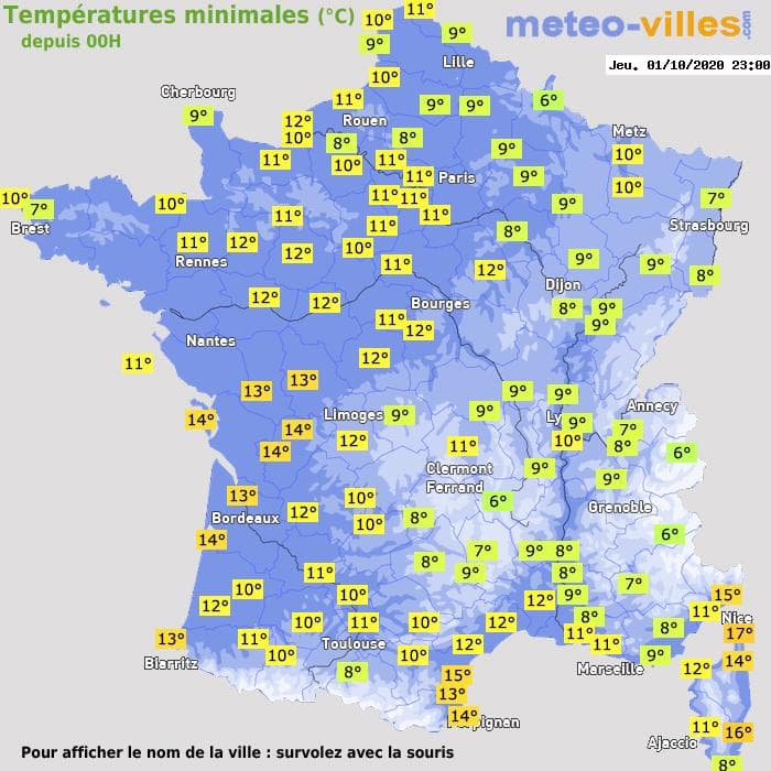 Températures minimales (°C) depuis 00h