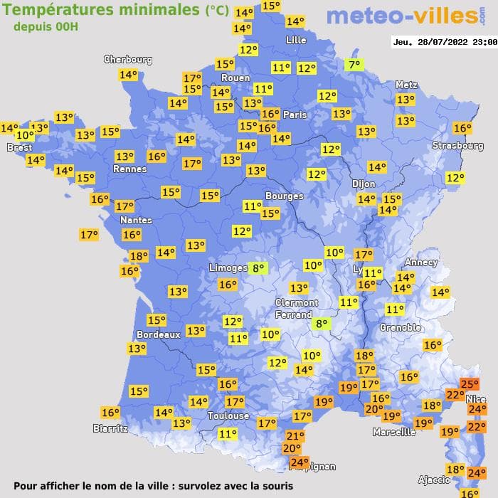 Températures minimales (°C) depuis 00h