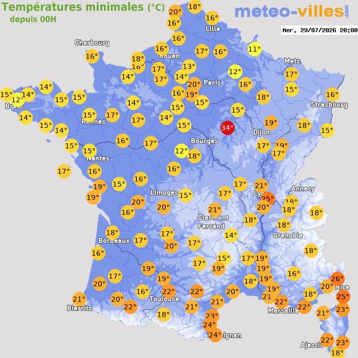 Températures minimales (°C) depuis 00h